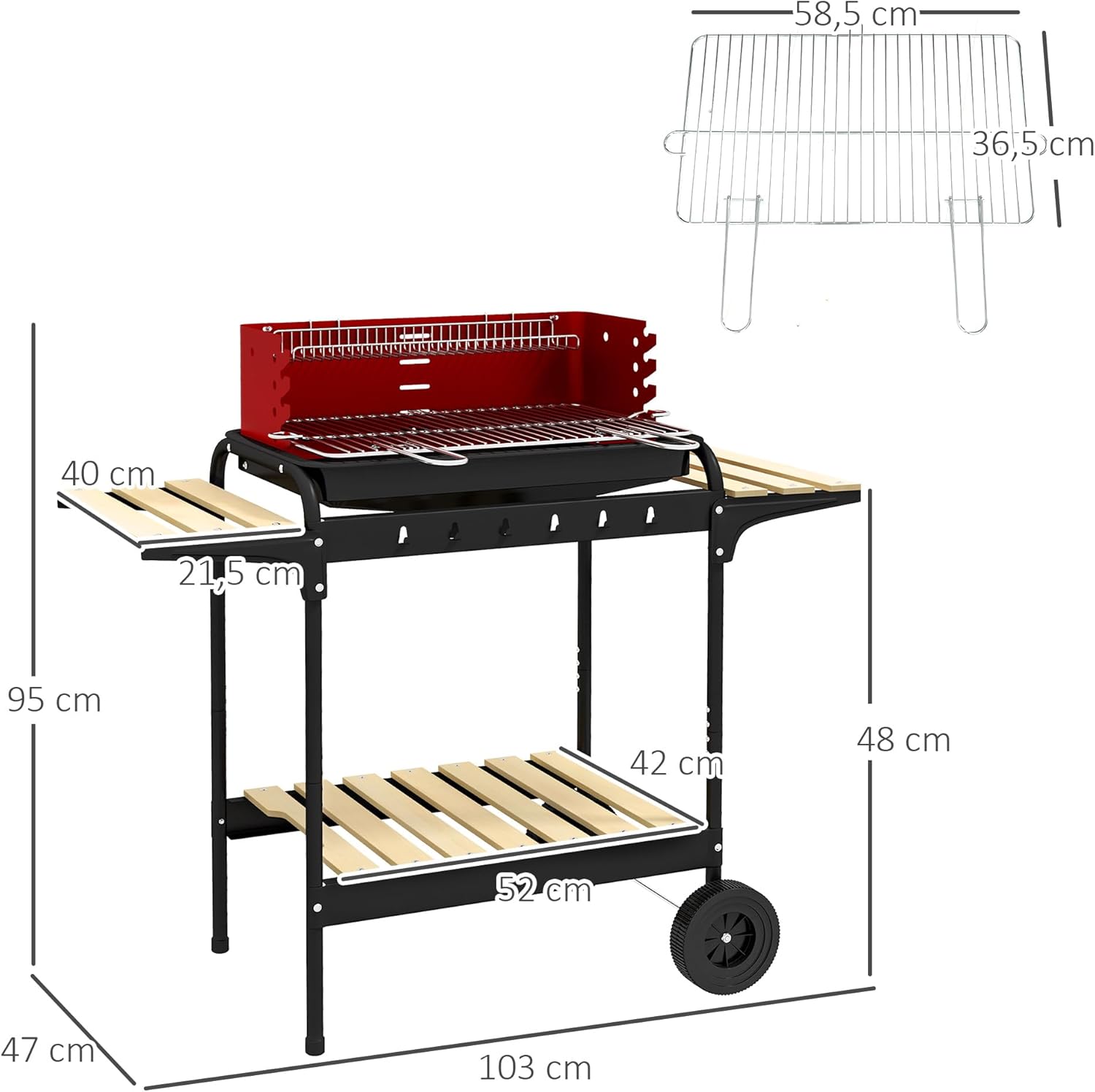 Outsunny - barbecue à charbon sur pied - 103x47x95cm - gril réglable, 2 roues, 3 étagères, bac à cendres