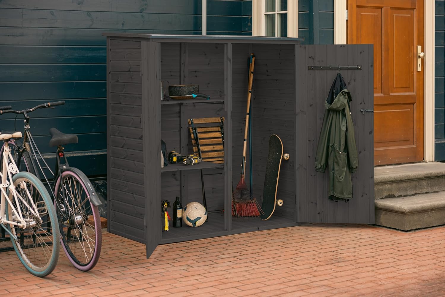 Upyard Abri à Outils avec système d'étagères - Abri de Jardin Moderne en Bois - Abri de Jardin avec Toit à pignon, 150 x 70 cm, Gris