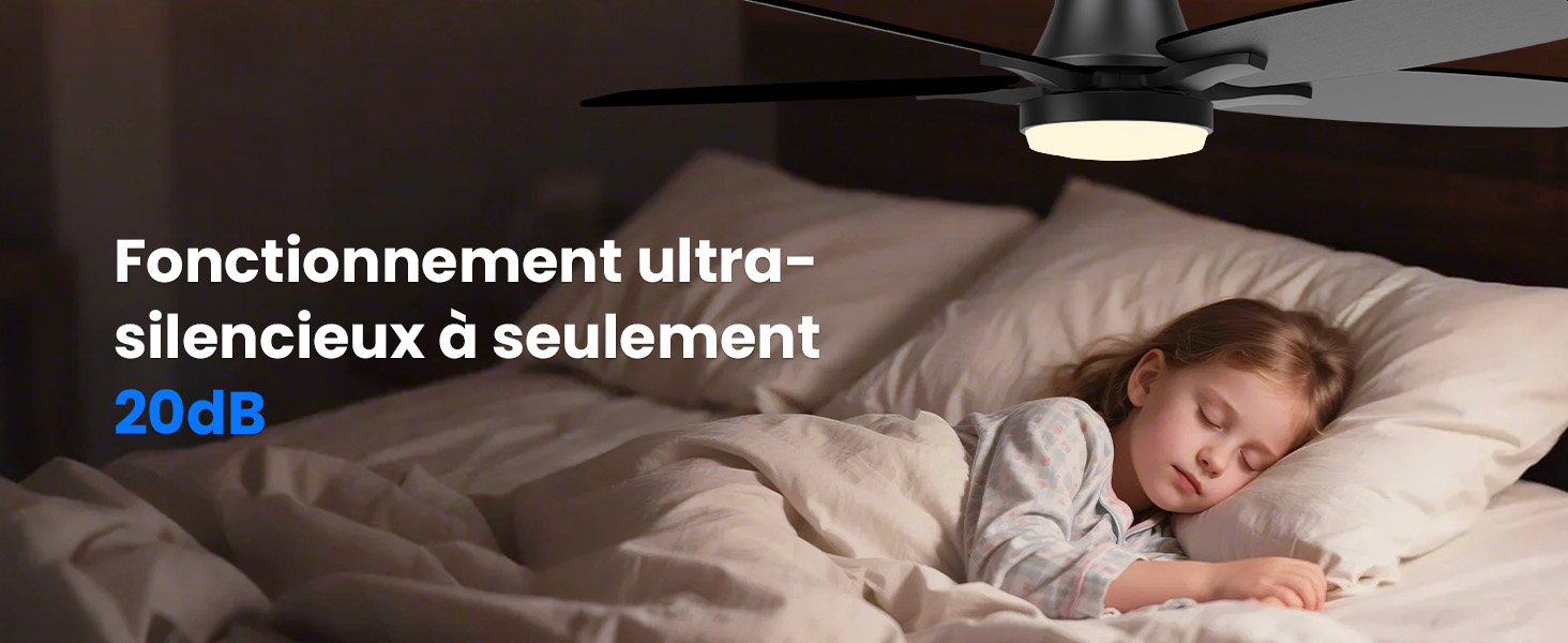 avec luminaire intégré fonctionnant au-dessus d'un enfant endormi dans son lit. Le texte indique un fonctionnement ultra-silencieux à seulement 20 dB