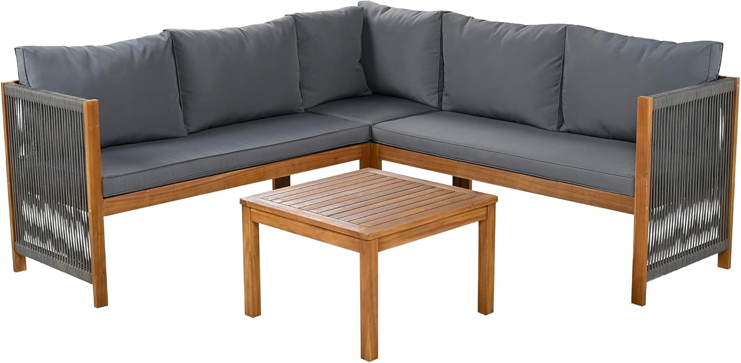 Sapgaks - Ensemble salon jardin d'angle 5p - Acacia et corde tressée - Table basse