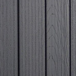 Gros plan d'un grain de bois gris foncé ou de panneaux à texture stratifiée disposés verticalement, montrant le motif et la finition détaillés de la surface.