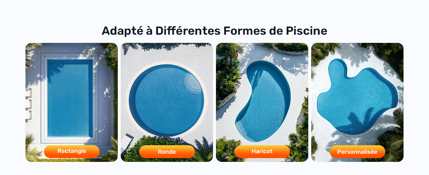 Le texte indique « Adapta a Diferentes Formas de Piscina ». Quatre tapis gonflables de piscine bleus en forme de rectangle, de cercle, de rein et de vague pour différentes configurations de piscine.