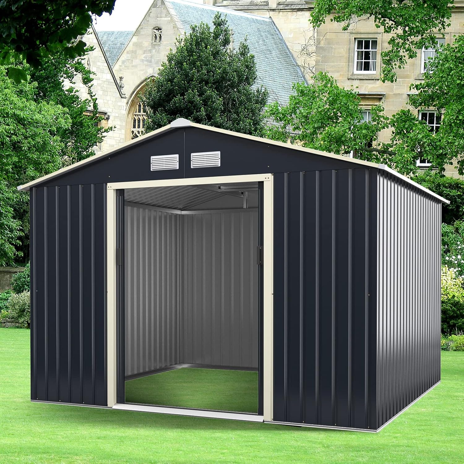 GOPLUS - abri de jardin métal 277x255x202cm, portes coulissantes, résistant intempéries