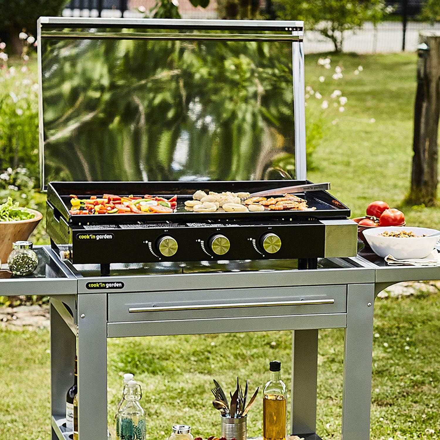 Cook'in garden - FINESTA - plancha gaz 3 brûleurs, plaque fonte, capot, récupérateur