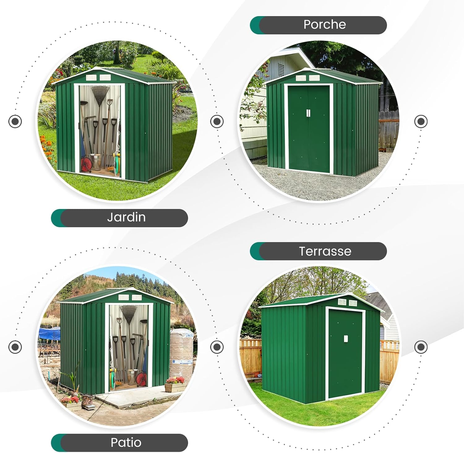 GOPLUS 2,37㎡ Abri de Jardin en Métal Galvanisé avec Base, Cabine de Jardin Extérieur Portes Coulissantes, 4,39m³, Résistant aux Intempéries, Cabane de Rangement à Outils, 213 x 127 x 185 cm, Vert