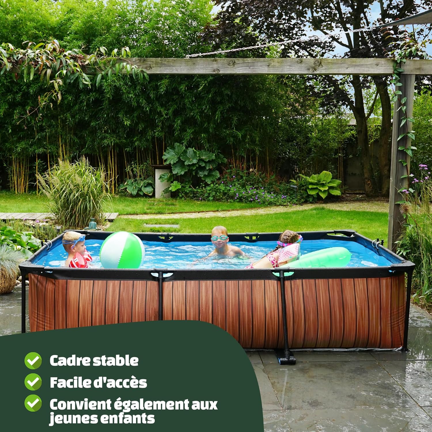 EXIT TOYS Piscine Lime - 300x200x65cm - Piscine Hors Sol Rectangulaire avec Pompe Filtrante à Cartouche - Entrée Basse - Idéal pour Les Jeunes Enfants - Cadre Stable - Design Unique - Vert