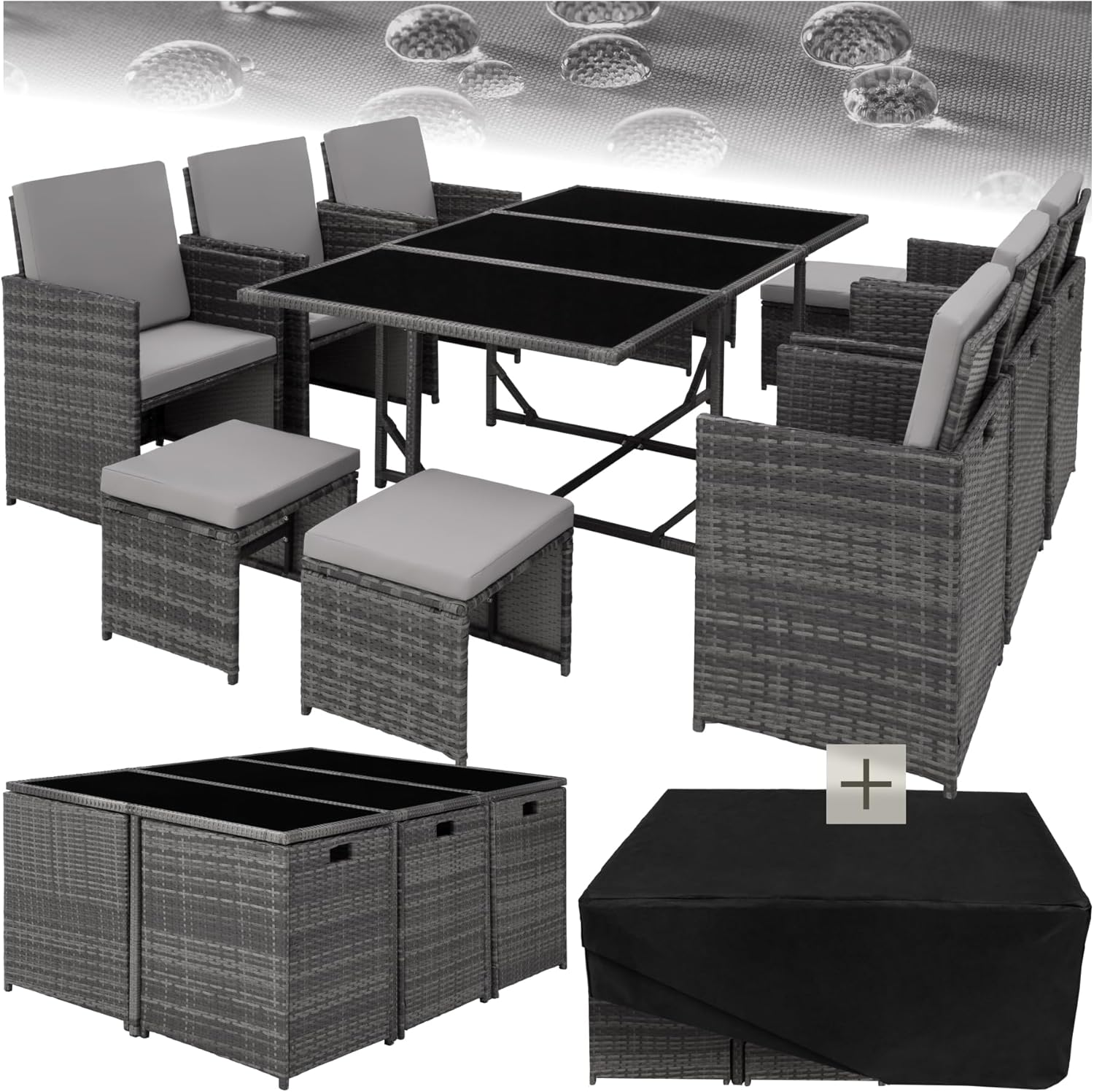 tectake - Salon de jardin Poly Rotin 10 pers. 6 fauteuils et 4 poufs, table et housse
