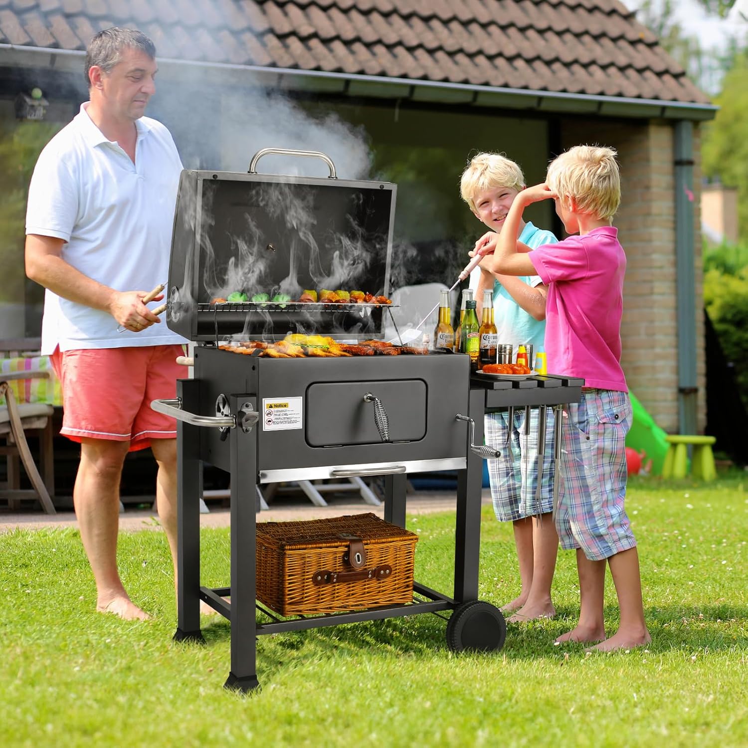 TLSUNNY - Barbecue XL sur chariot, couvercle, roues, thermomètre TLSUNNY