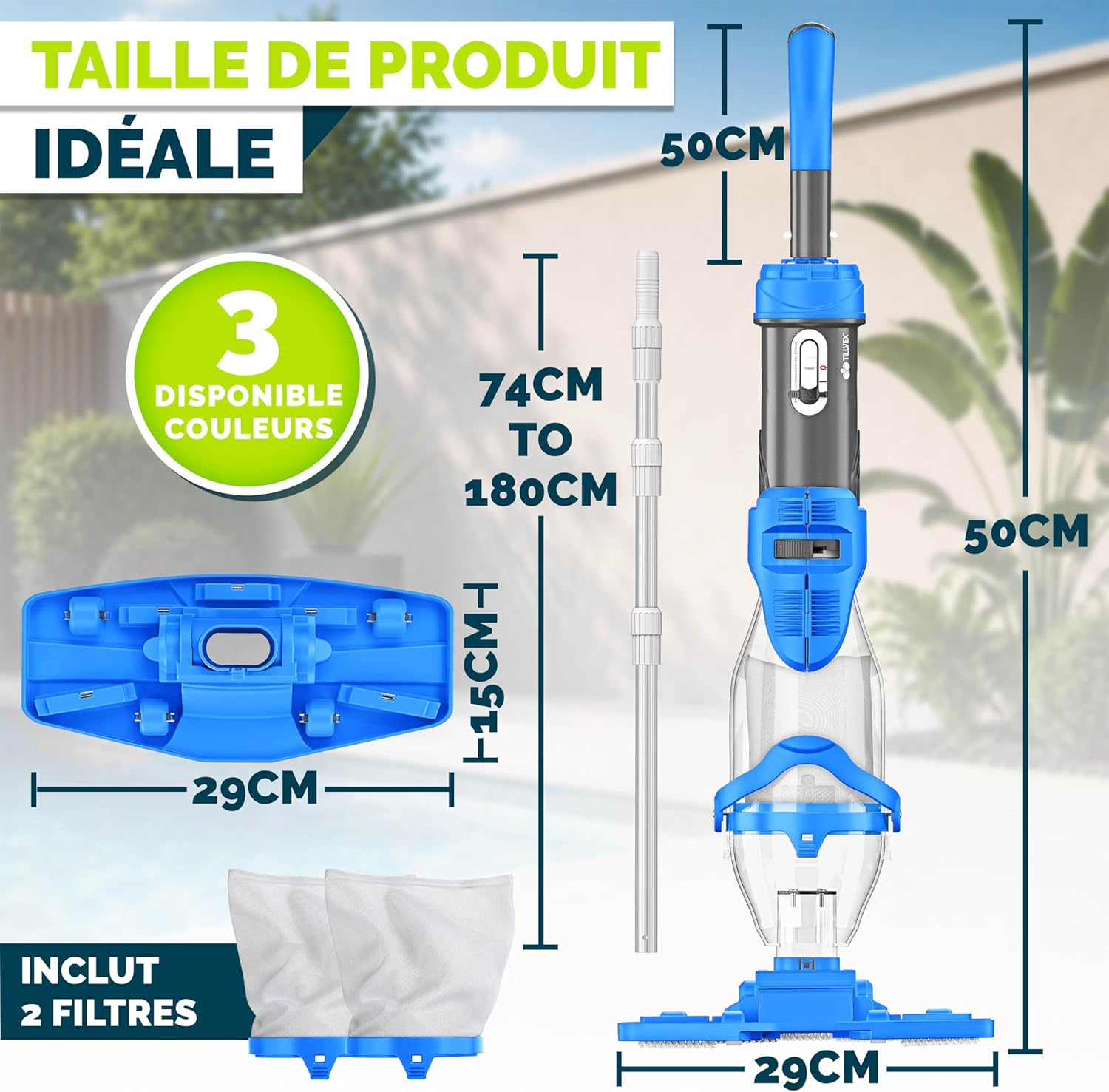 tillvex - Aspirateur piscine électrique - manche télescopique, filtre, autonomie 60min