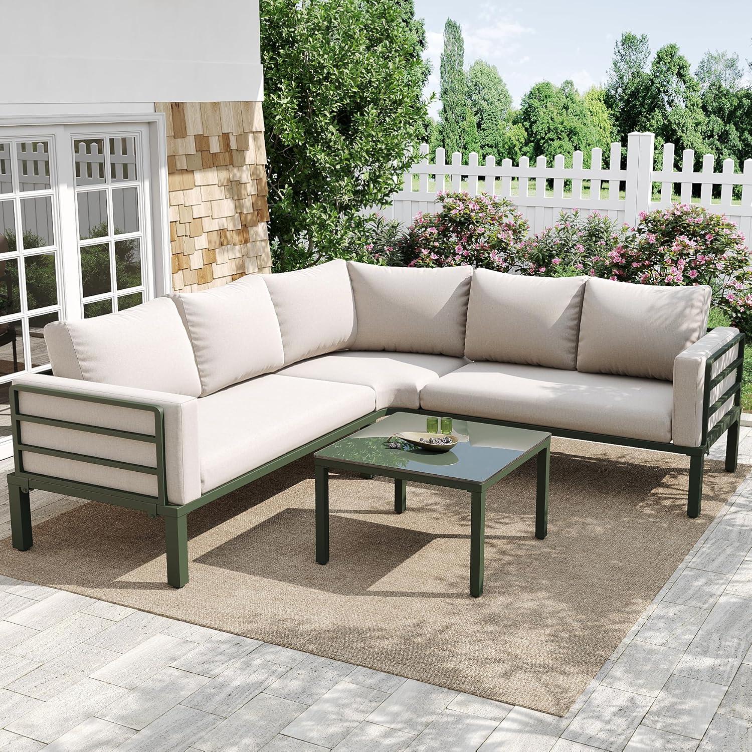 Sapgaks - Salon de jardin D-Beige, fer galvanisé, 4-5 pers., coussins