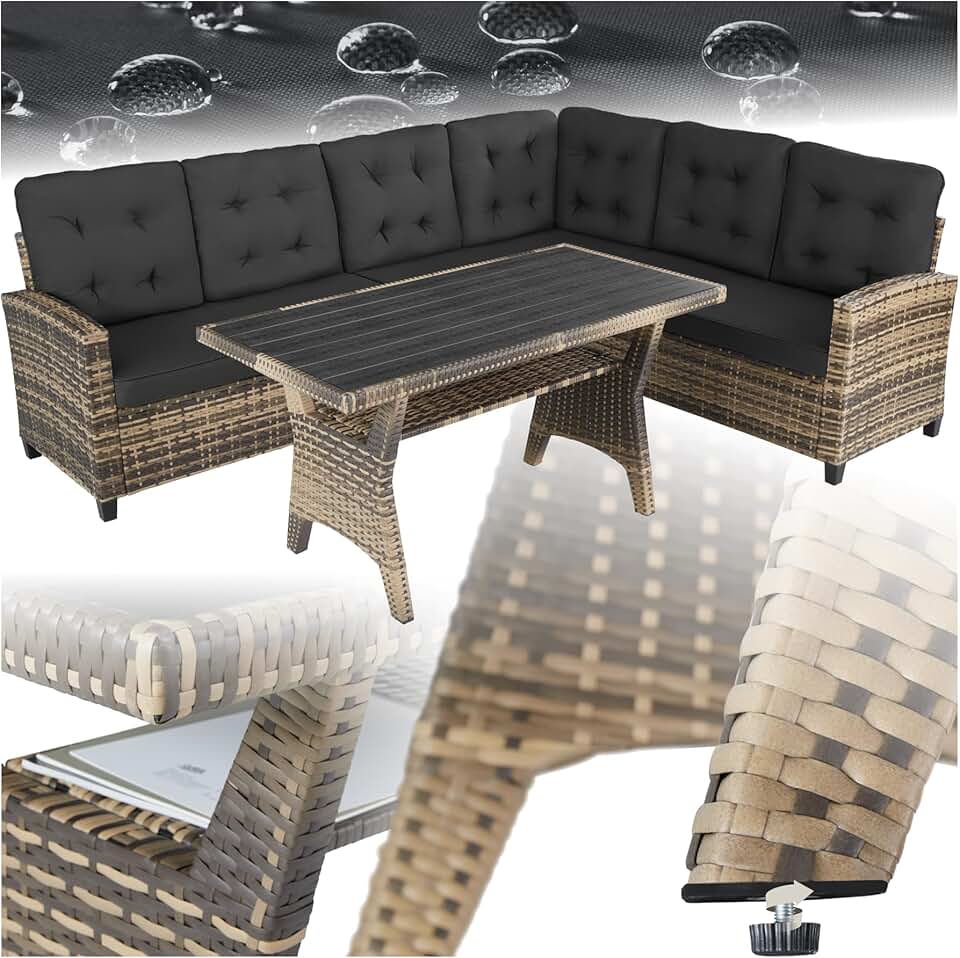 Tectake - salon de jardin XXL 6 places, rotin, coussins moelleux, table