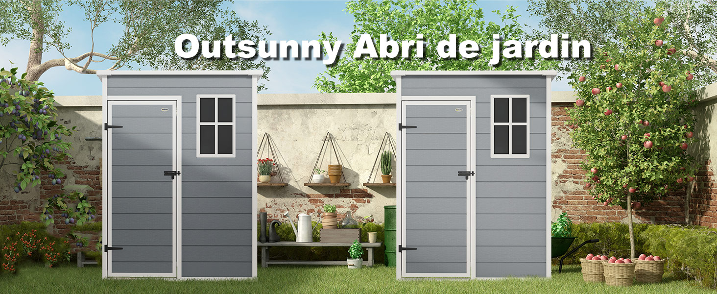 Deux abris de jardin gris avec garniture et fenêtres blanches, flanquant un coin salon central avec des paniers suspendus. Le texte indique « Outsunny Abri de jardin