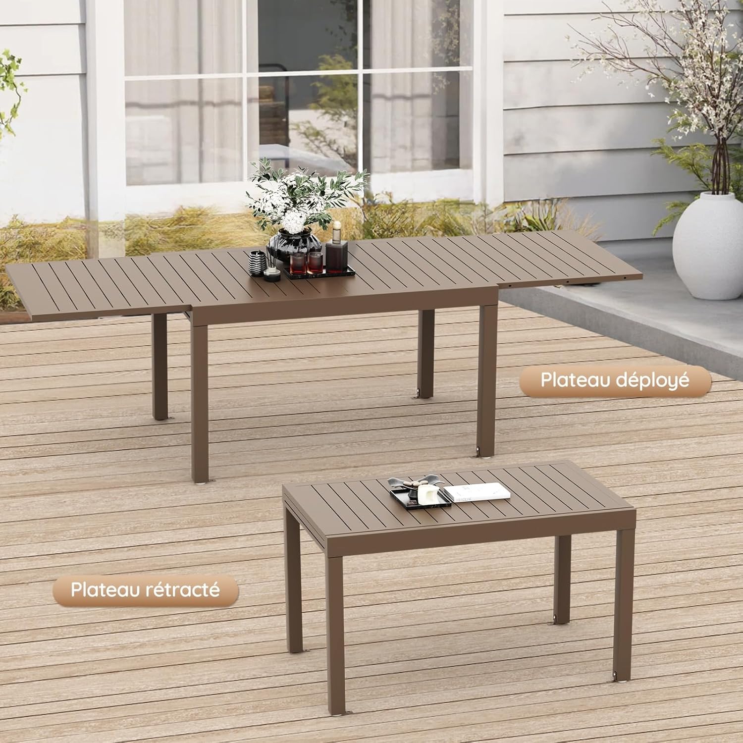 Devoko - Table de jardin extensible - 130-260x80x75 cm - aluminium, extérieur, marron