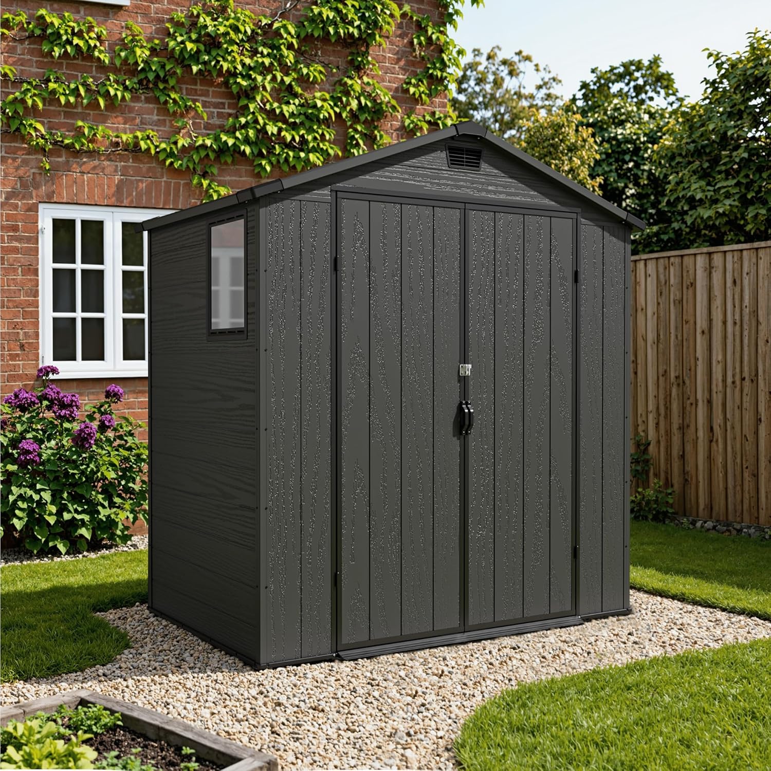 Devoko Abri de jardin extérieur en plastique avec double portes verrouillables et toit en apex – Abri de jardin pour outils de terrasse, abri pour vélo, poubelle – Résistant aux intempéries et à la
