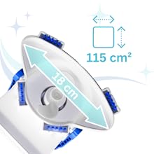 Appareil circulaire aux accents bleus, mesurant 48 cm de diamètre. Le schéma montre une surface de 115 cm². Les flèches indiquent les pièces réglables ou mobiles.