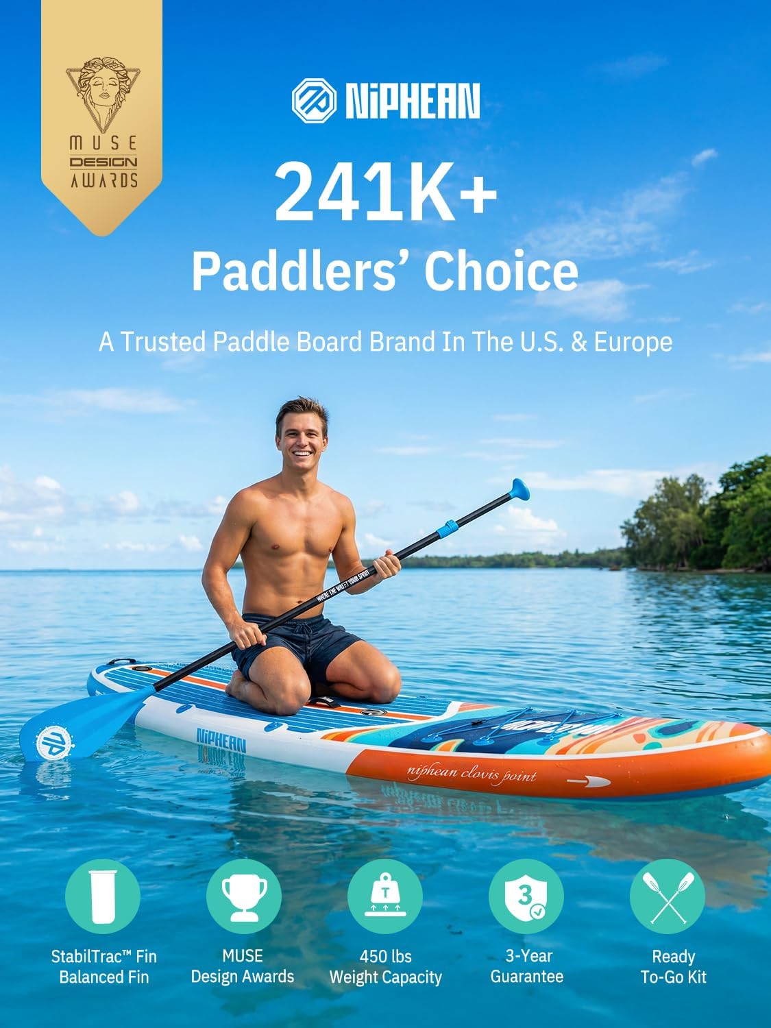 Niphean Paddle Gonflable Adulte avec Tous Les Accessoires, 320cm Planches de Stand Up Paddle Gonflables pour Tous Les Niveaux, Sup avec Capacité 200 kg pour 2 Personnes, Paddle Gonflable avec Siège