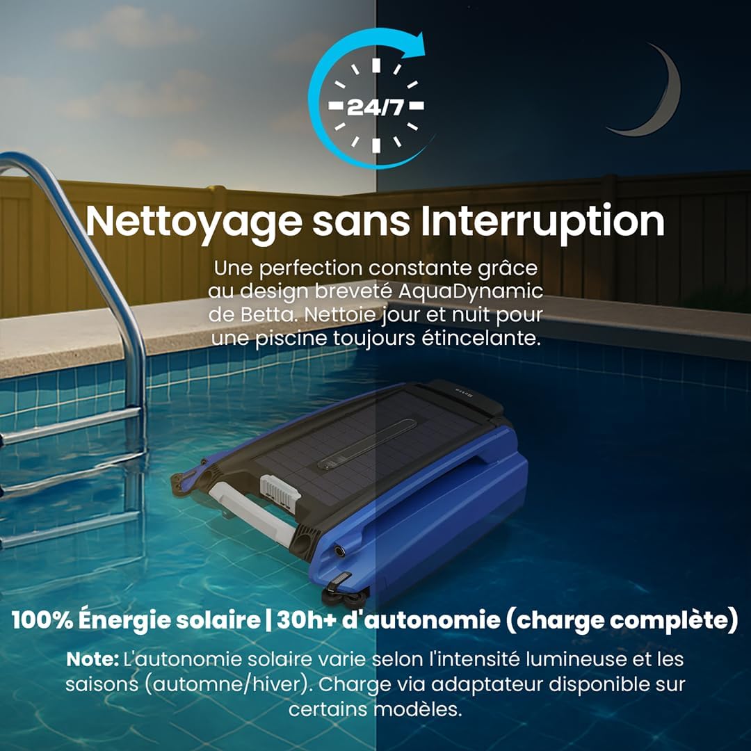 Betta - SE Robot Nettoyeur Piscine - autonomie 30h, solaire, 24/7, moteurs sel/chlore