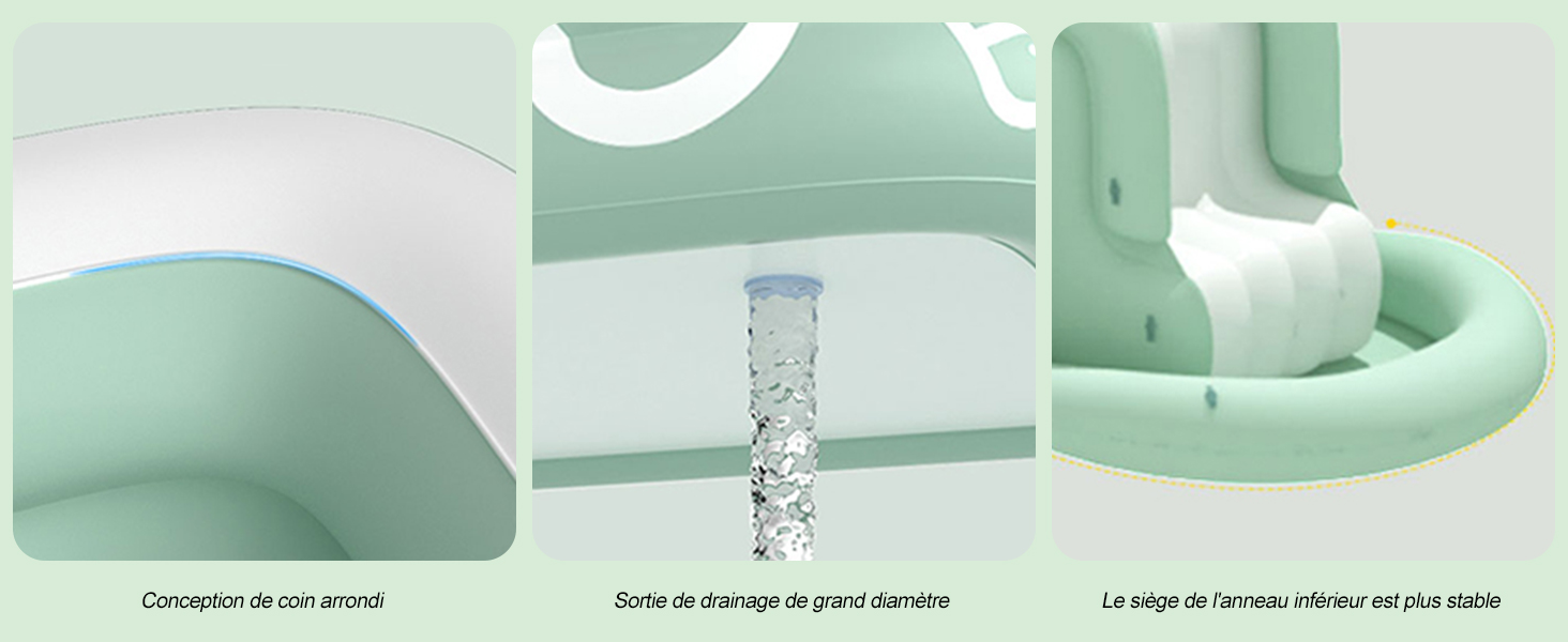 Image à trois panneaux présentant un appareil blanc et vert menthe avec des surfaces incurvées. Le panneau central affiche un récipient transparent contenant du liquide bouillonnant, ce qui suggère une fonctionnalité de purification de l'eau ou de diffusion d'arômes