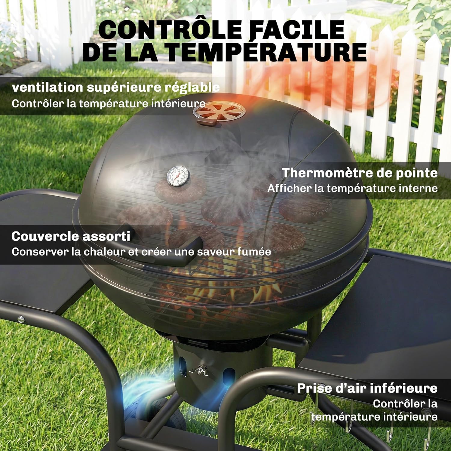 Outsunny - barbecue rond extérieur - 66x55x98cm - couvercle, roues, thermomètre