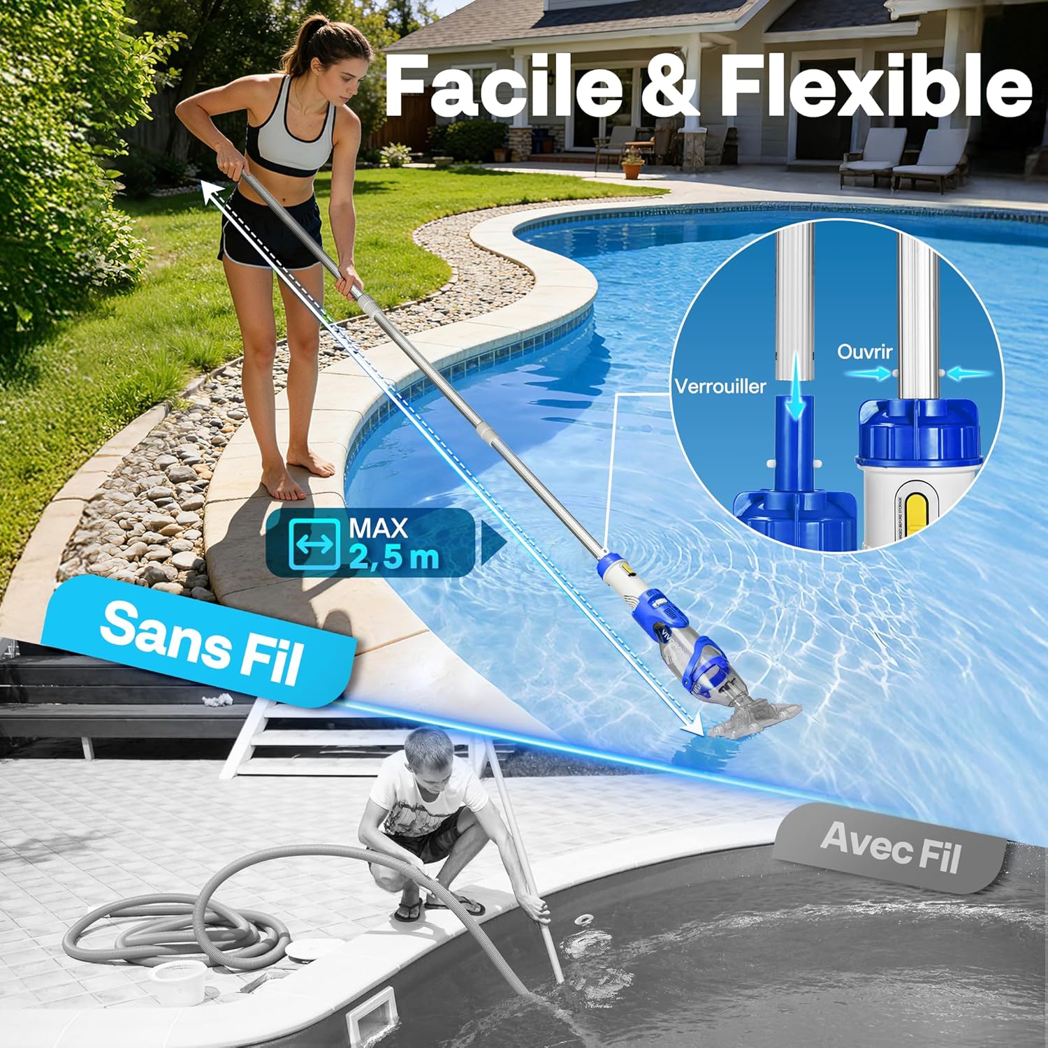 VIVOHOME - Aspirateur piscine sans fil - 250 cm - 4300 LPH, 2,6L, 75 min, 4 sacs filtres