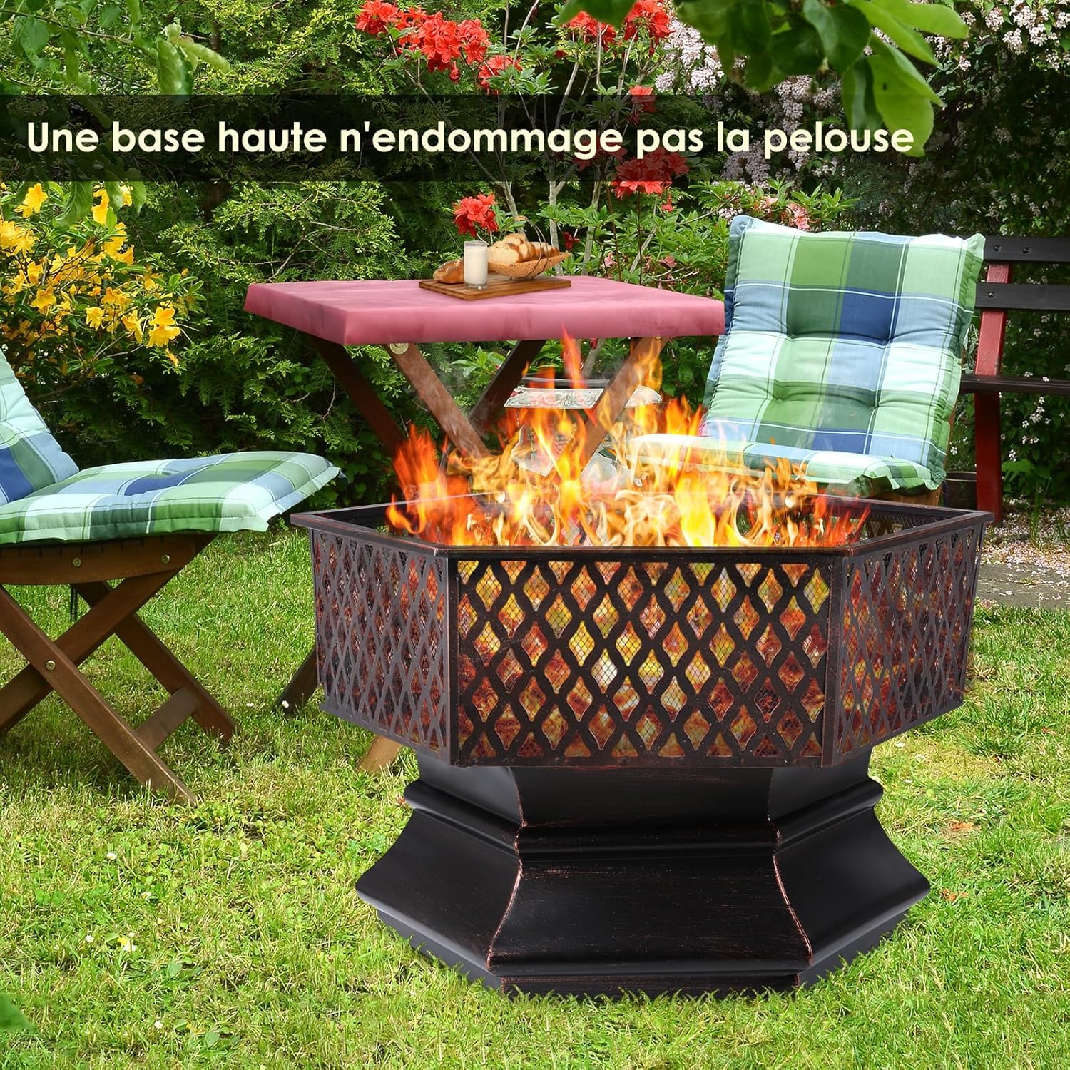 TLSUNNY - brasero avec grille - 66x66x63cm - foyer extérieur, barbecue, protection