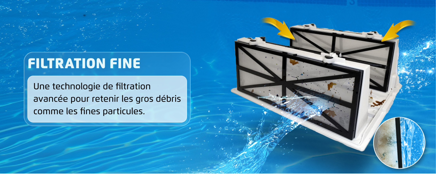 Le texte indique « FILTRATION FINE » avec le sous-titre « Une technologie de filtration avancée pour retenir les gros débris comme les fibres polluées ». Fond bleu montrant la technologie de filtration de l'eau avec démonstration de filtre à particules.