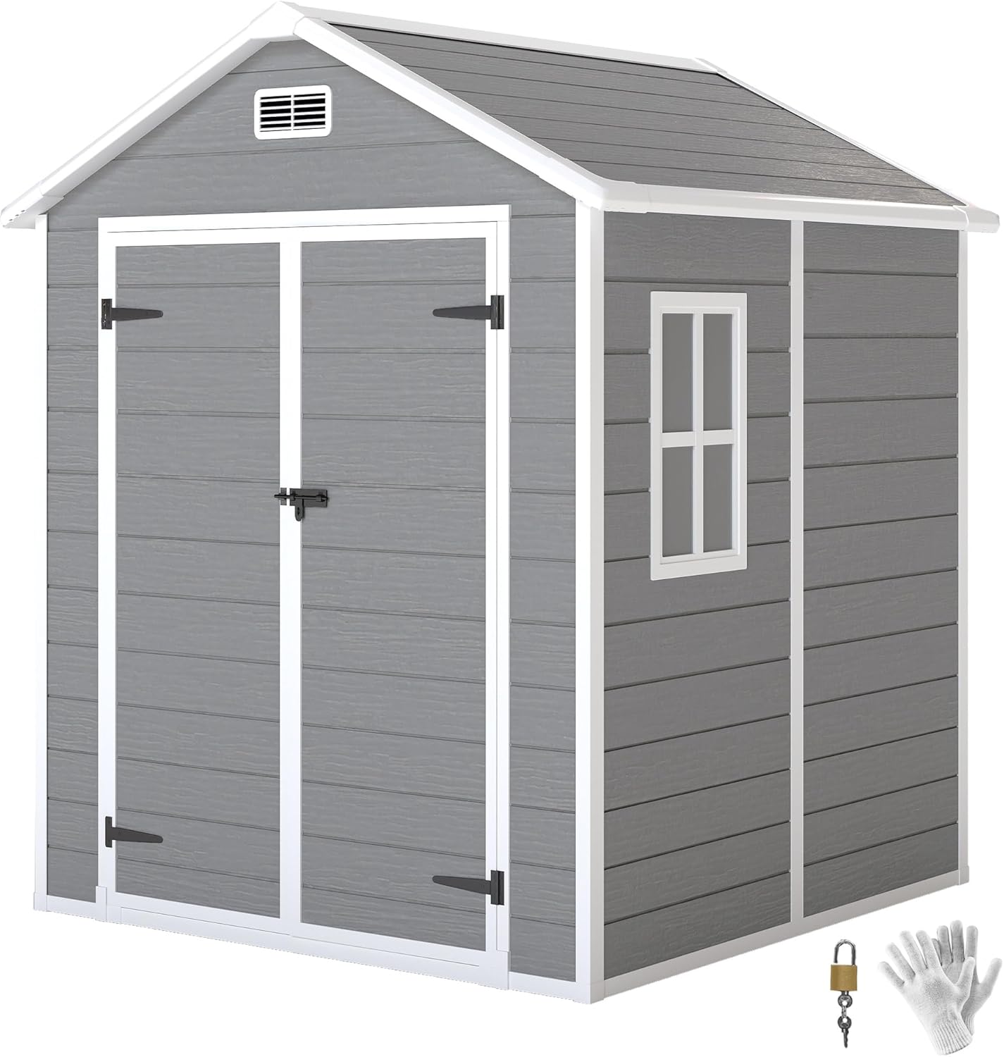 Outsunny Abri de Jardin en résine 2,7 m² avec Plancher Structure en Aluminium 182 x 151 x 219 cm, cabane de Jardin cabanon Rangement Outils Portes avec Serrure et clés 3 fenêtre, Gris Global Recycled Standard