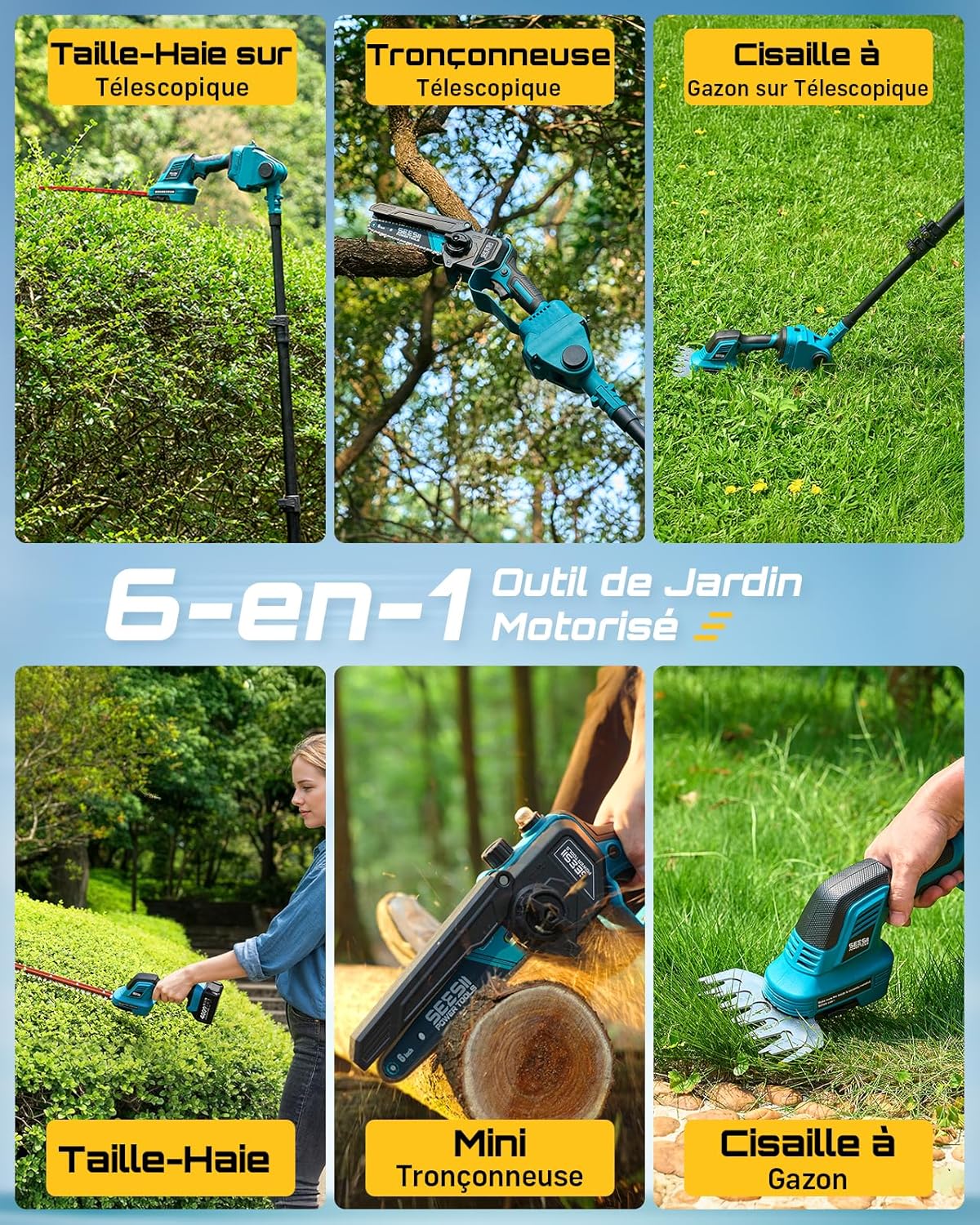 SEESII 6-en-1 Mini Tronçonneuse & Taille-haie, avec 2 * 4000mAh Batteries, Tronconneuse Electrique à Perche Télescopique, Portée Maximale Jusqu'à 4,57m, à 30 ML Bouteille d'huile