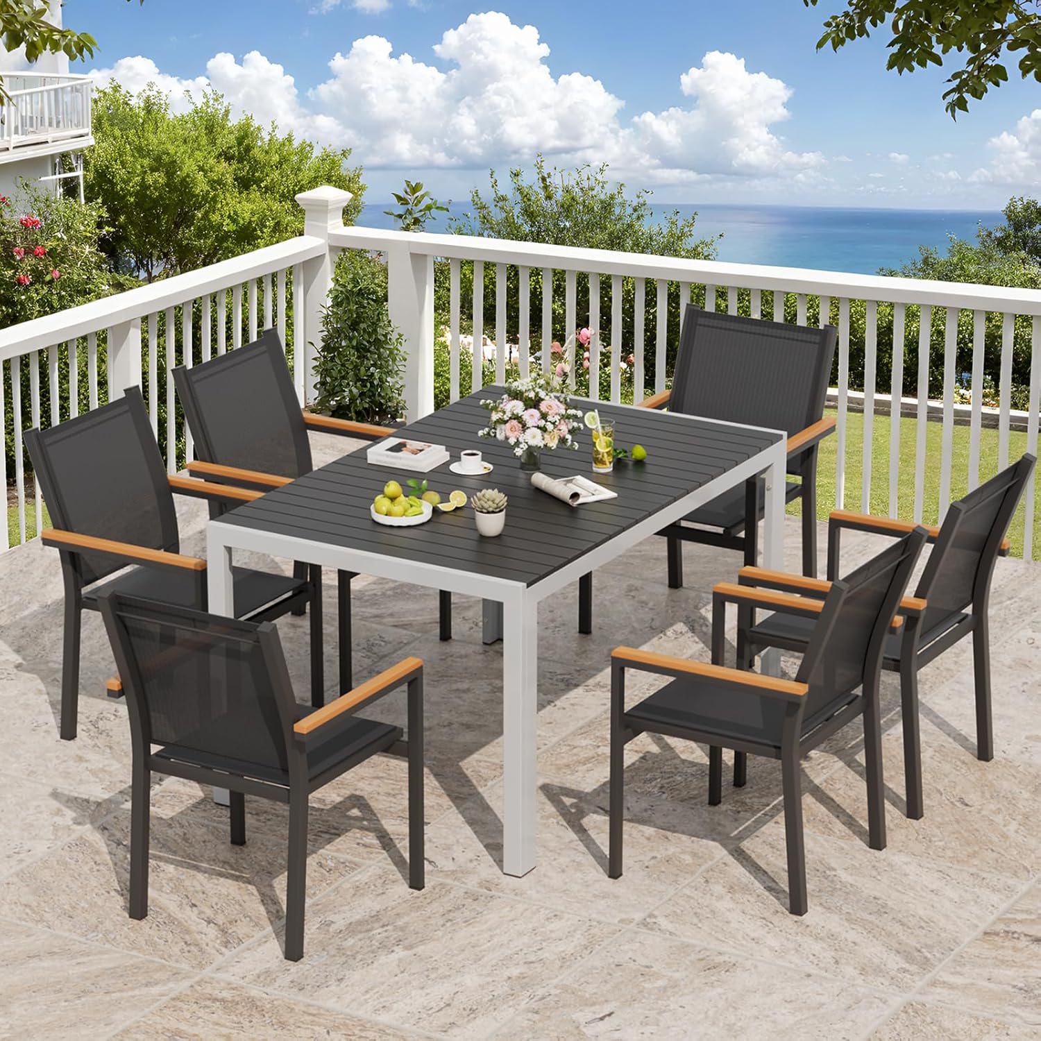 LIFERUN - table de jardin rectangulaire - 140x90x75 cm - aluminium et WPC, 6 places, noire