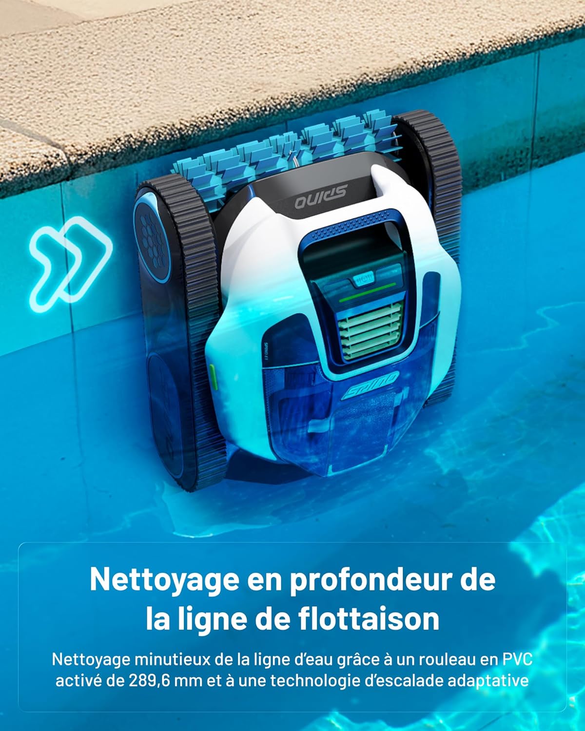SPINO E1 Robot Piscine Fond et Parois, Ligne d'eau, Autonomie de 210 Min, Aspiration Puissante 21950 LPH Max, 5 Modes, Navigation Trajet SmartArc, App, Piscines 150㎡, 1 Panier Filtrant Inclus
