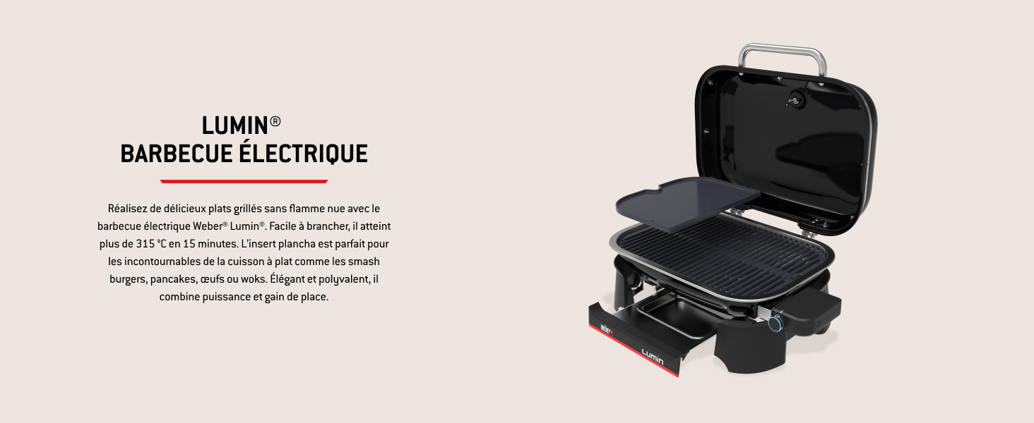 Le texte indique « BARBECUE ÉLECTRIQUE ». Images du produit montrant un grill électrique noir sous différents angles avec des spécifications techniques en français.