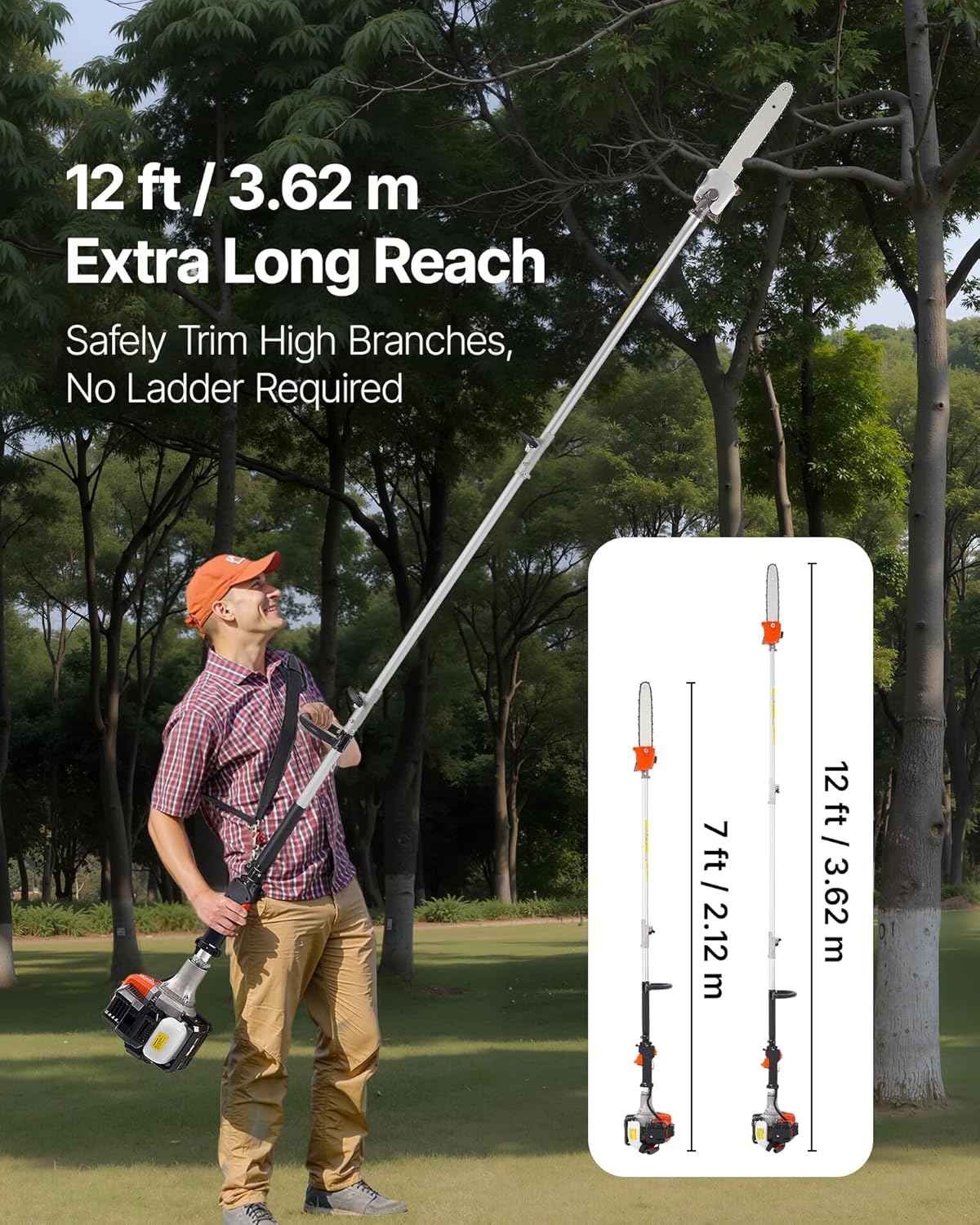 VEVOR - élagueuse thermique 25cc - perche extensible 2,12-3,62m, guide 30,5cm, réservoir 650ml