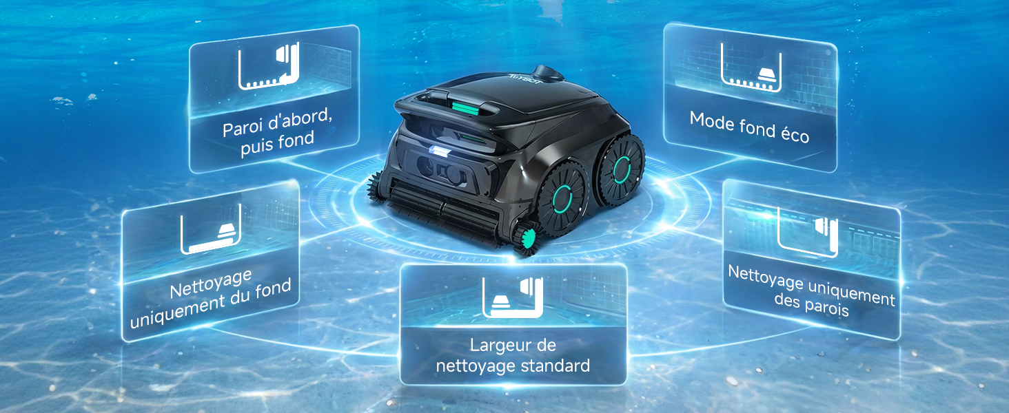 Appareil robotique ou véhicule chenillé noir positionné au centre sur fond numérique bleu avec des étiquettes de texte blanches et des icônes l'entourant dans une disposition circulaire.