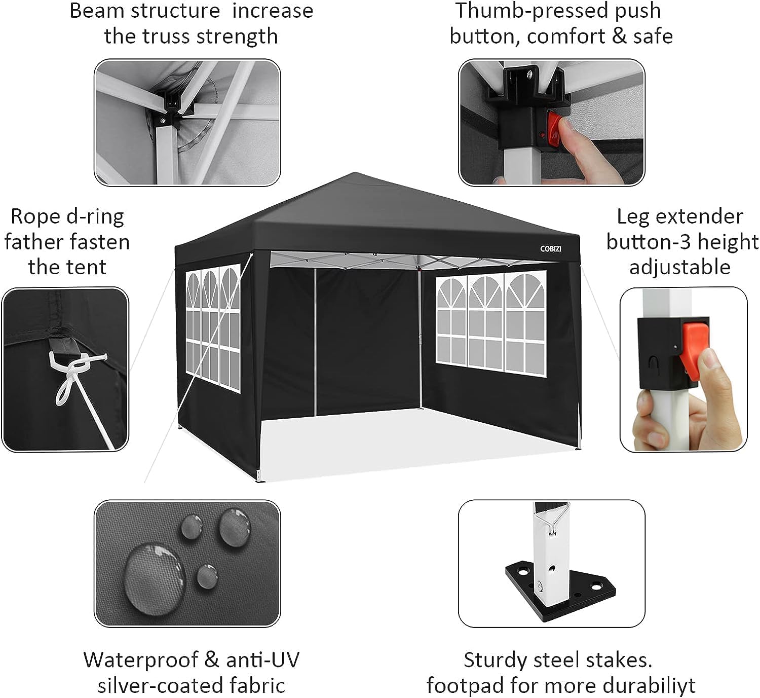 COBIZI - tonnelle jardin pliable 3x3m, 4 pans, imperméable, anti-UV