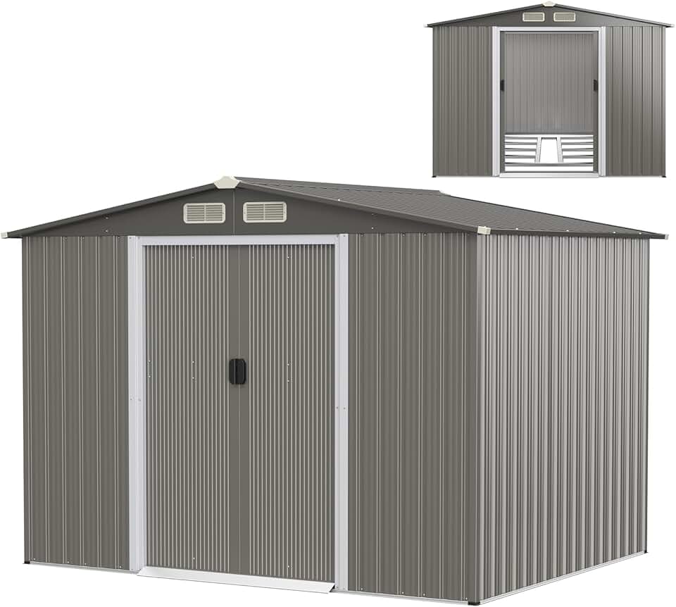 COSTWAY Abri de Jardin 4.7㎡en Acier Galvanisé Anti-UV, 260 x 207 x 181 CM, Cabane de Jardin Exterieur 9.7 m³ avec Fondation et Porte Coulissante, Rampe, 4 Trous d’Aération, 4 Gants Inclus, Gris Foncé