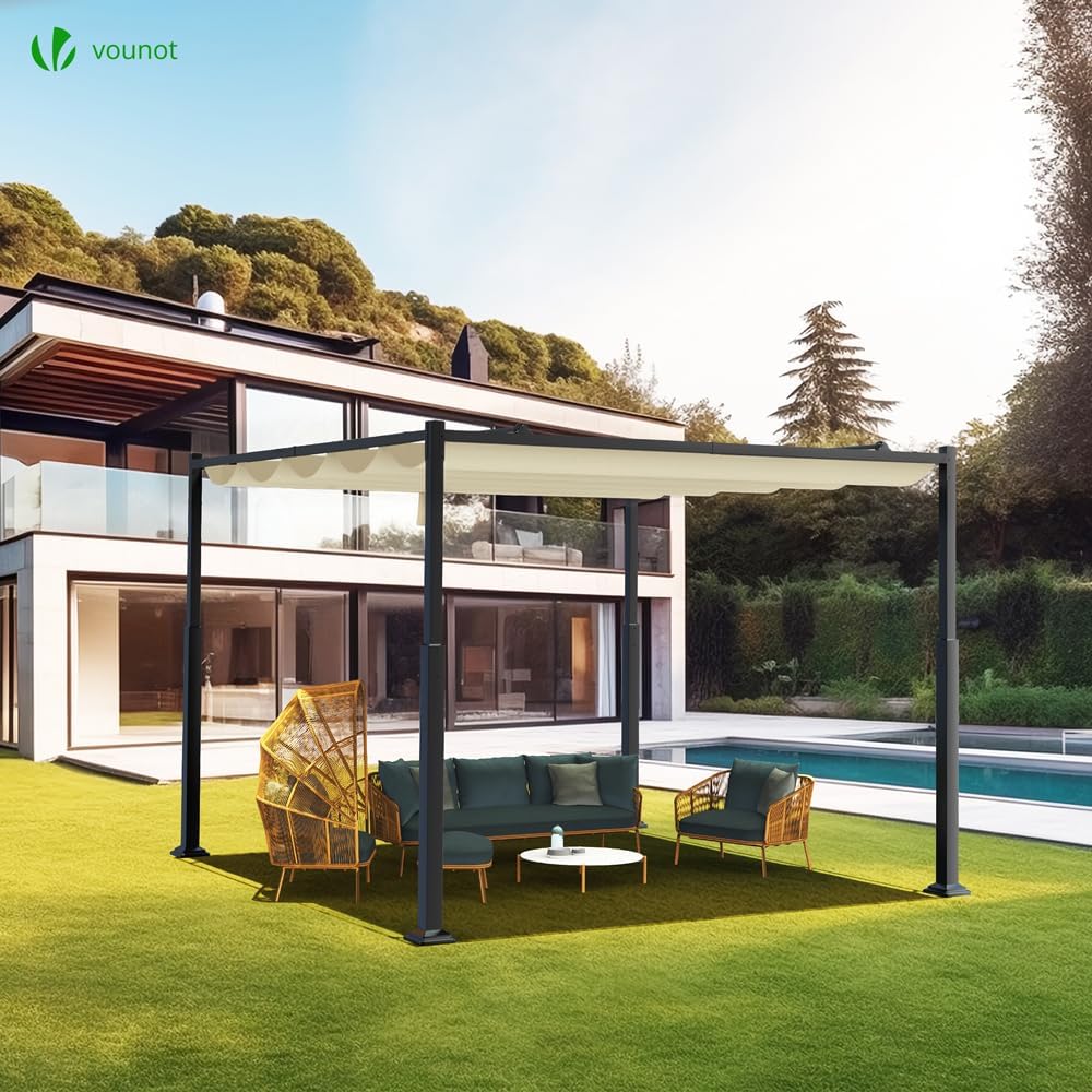 VOUNOT - pergola rétractable 3x3m - métal polyester HD - beige foncé