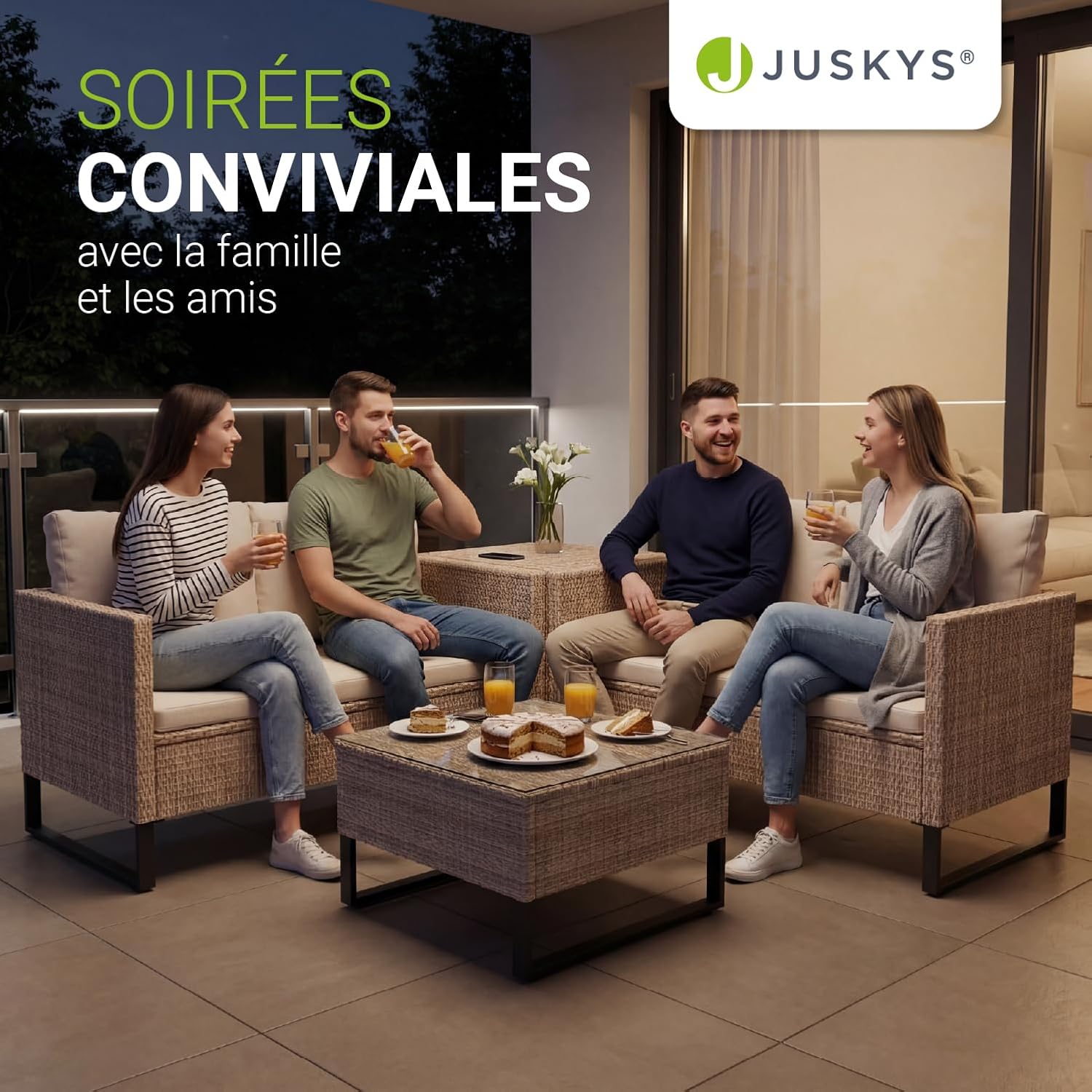 Juskys - Coin Lounge Santorini - salon d'extérieur, polyrotin crème, table basse avec coffre, résistant intempéries