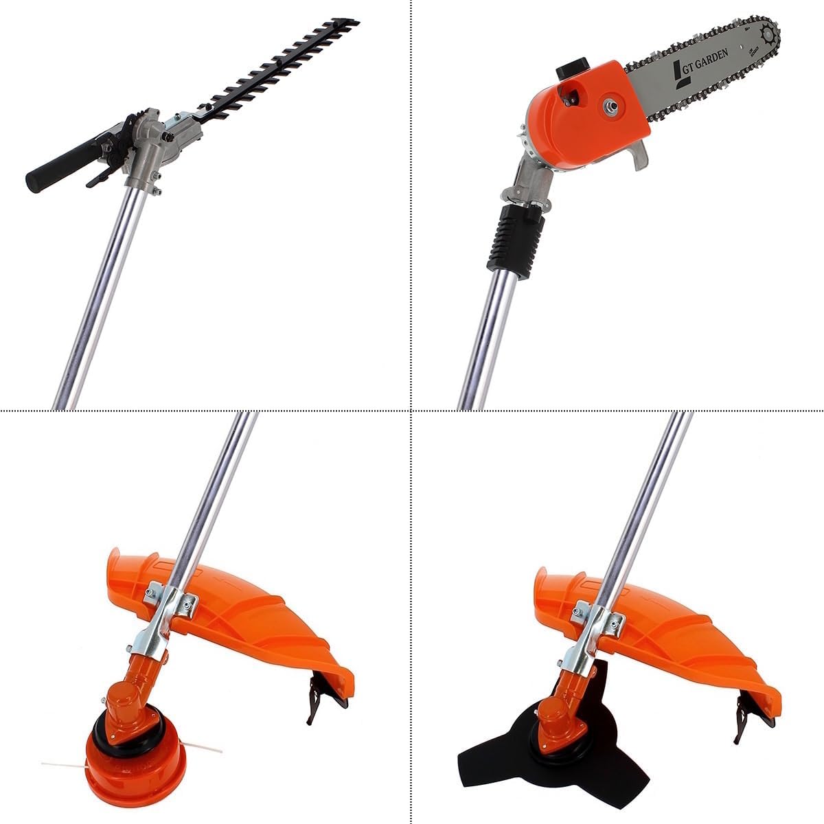 GT Garden - 4 en 1 thermique - multifonction - tronçonneuse, débroussailleuse, taille-haies, rallonge
