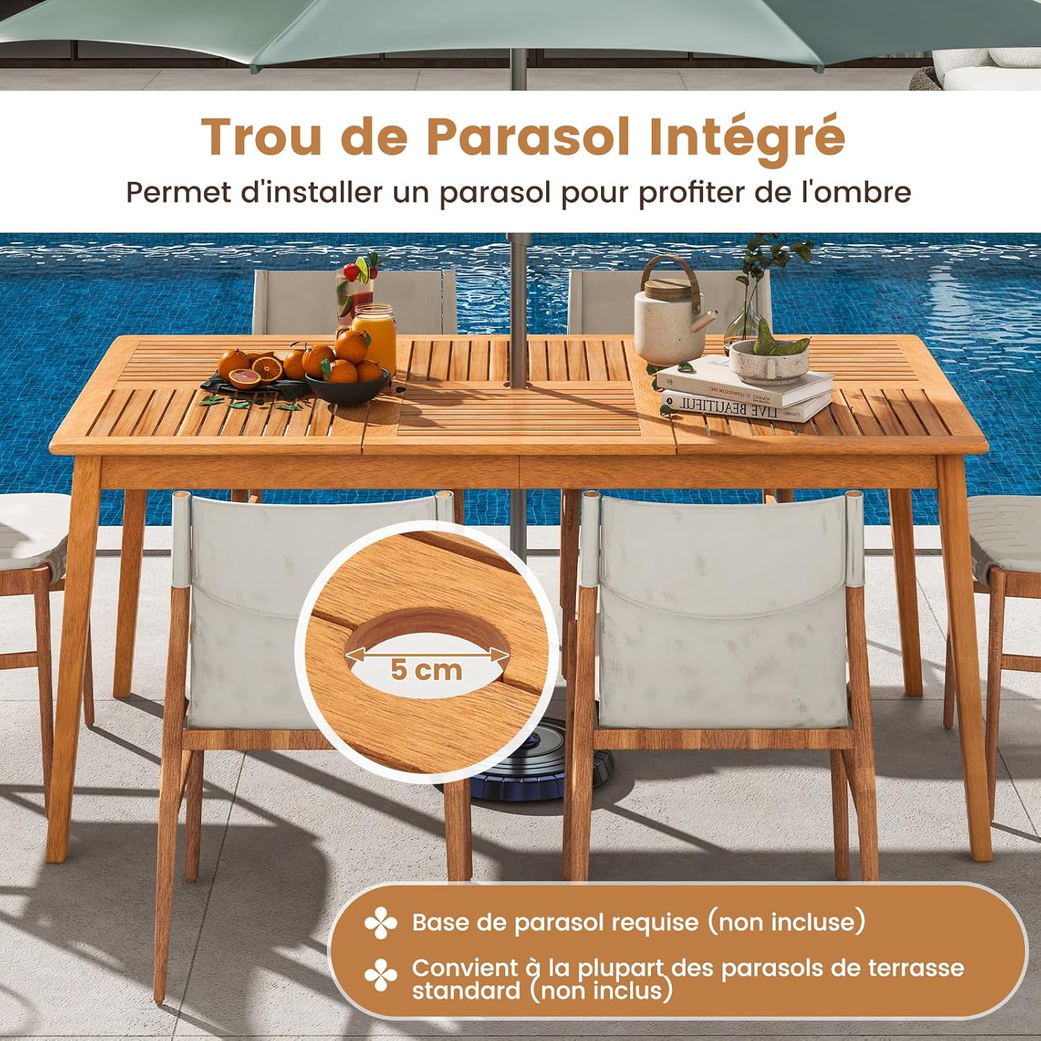 GOPLUS - table de salle à manger extérieur - 90x170 cm - bois acacia, 6-8 pers, trou parasol intégré, charge 160 kg