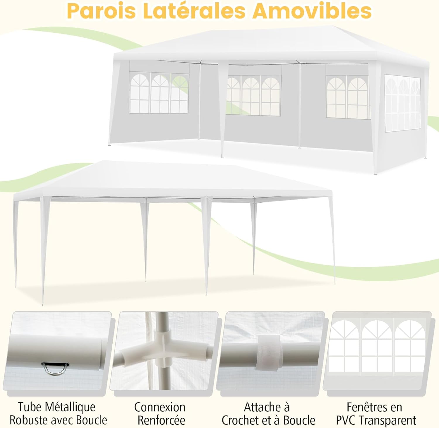 COSTWAY - tonnelle de jardin 3x6m, 4 parois amovibles, sac, blanc