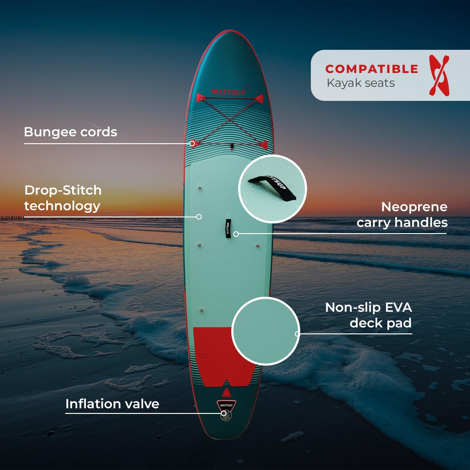 Wattsup - Sup Stand Up Paddle Gonflable - Gamme First - Dropstitch - Pack Complet : Pagaie Leash Pompe Sac de Transport