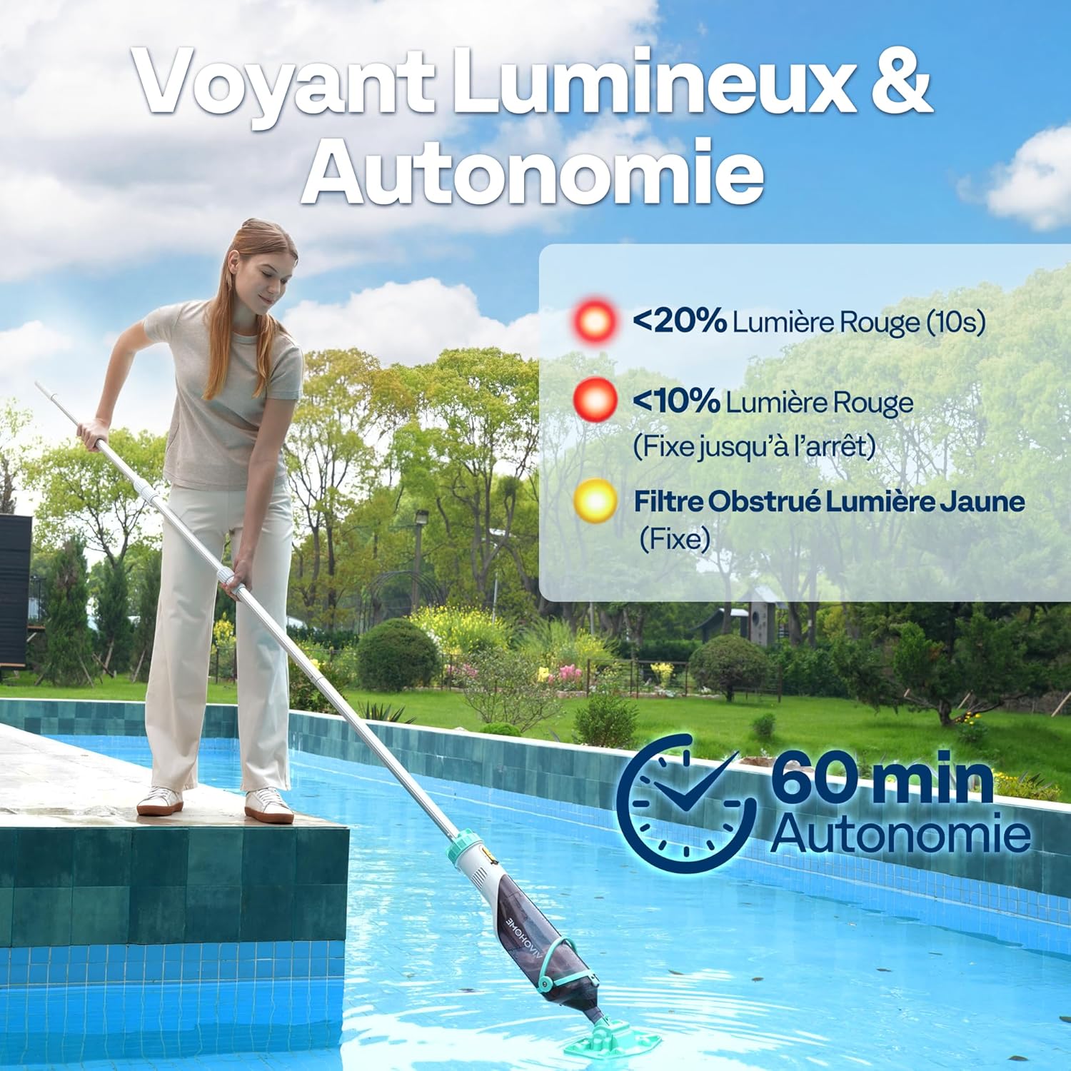 VIVOHOME Aspirateur Piscine sans Fil avec Perche Télescopique 278cm, Nettoyeur de Fond avec Indicateur de Batterie, Débit 4200LPH, Autonomie 60 Minutes pour Piscine Hors-Sol et Enterrée, Spa