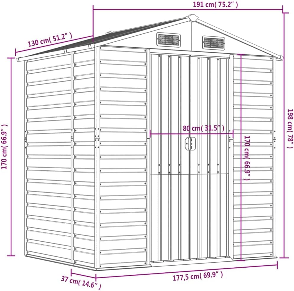 vidaXL Abri de Jardin, Cabane à Outils avec Poignées, Remise à Outils avec Toit Inclinable, Abri de Rangement Patio, Gris Clair 191x130x198 cm Acier Galvanisé