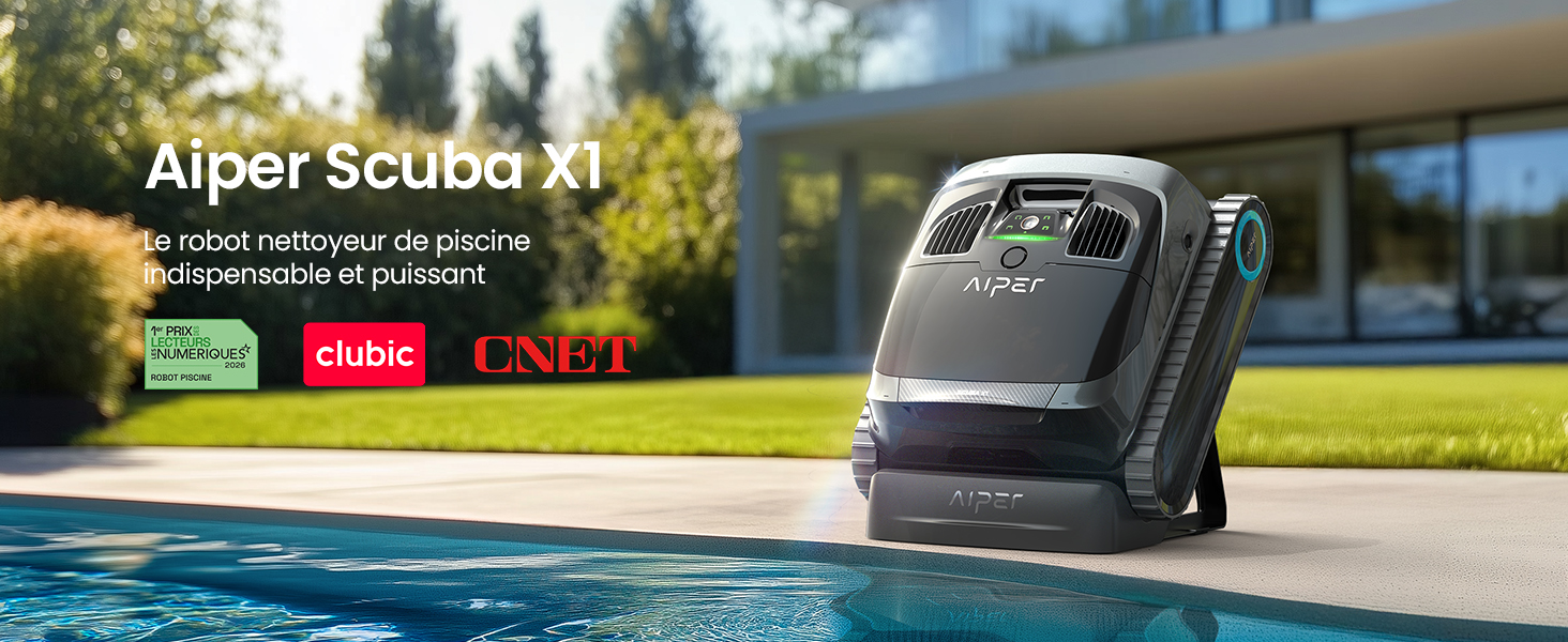 Le texte indique « Aiper Scuba X1 ». Appareil robot de nettoyage de piscine exposé à l'extérieur au bord de la piscine avec de l'herbe et de l'eau visibles. Unité compacte noire montrée à la lumière naturelle du jour.