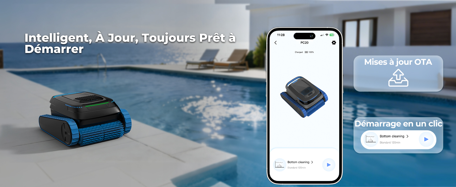 Le texte se lit comme suit : « Intelligent, A Pour Toujours Pas à Démarrer ». Image divisée montrant un aspirateur robotique au sol et des écrans d'interface de téléphone portable.