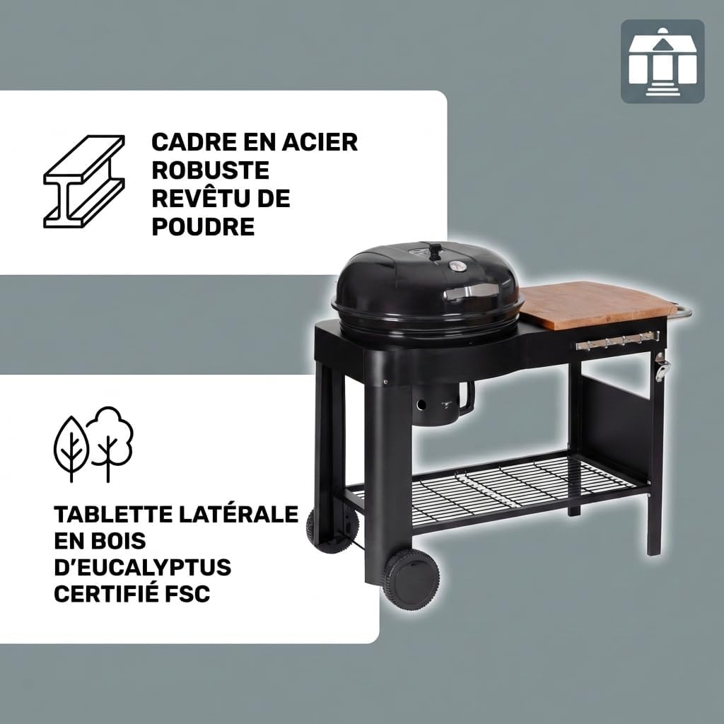 Tarrington House - Barbecue Calgary - acier/bois - couvercle thermomètre, tablettes, 2 roues, noir
