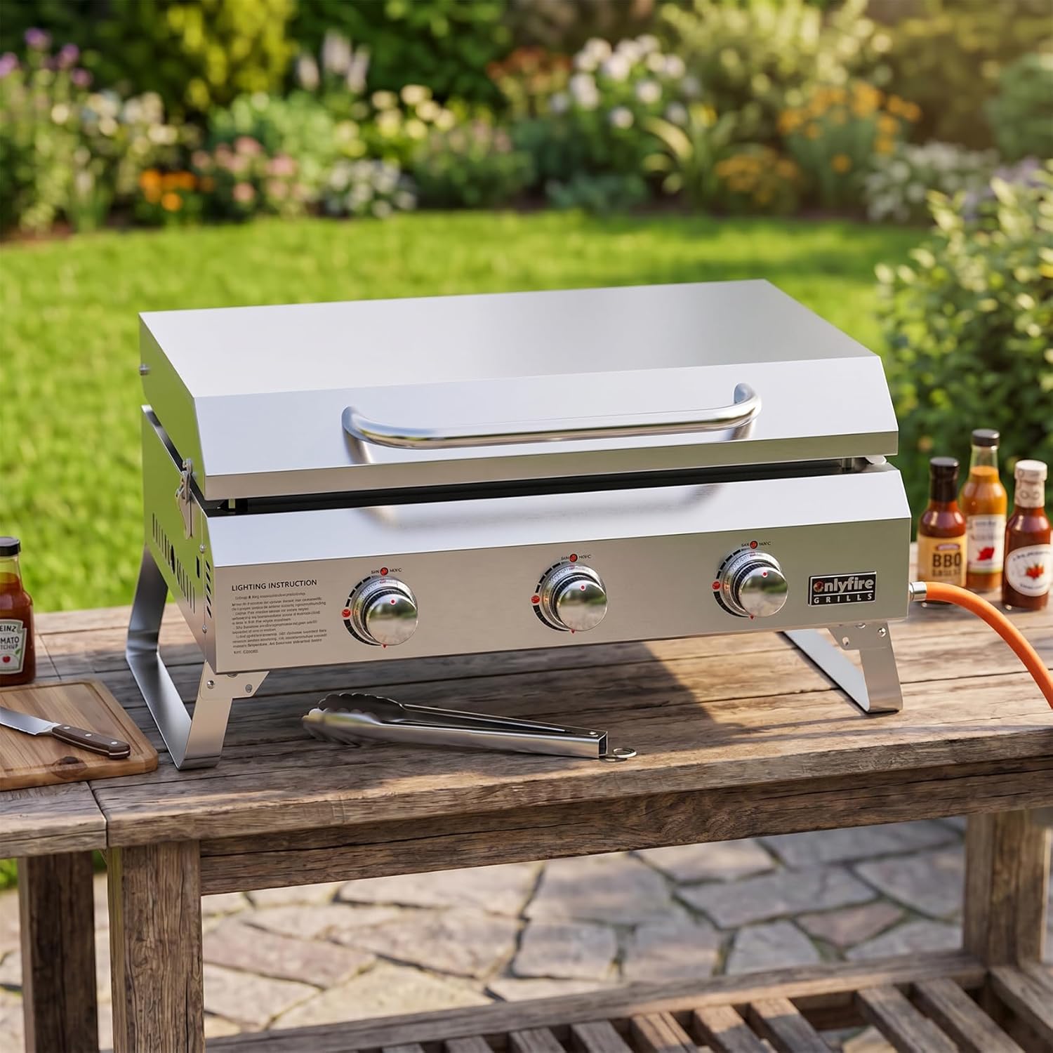 onlyfire - Plancha gaz inox - 57x36cm - 3 brûleurs, 7kW, céramique, pieds pliables