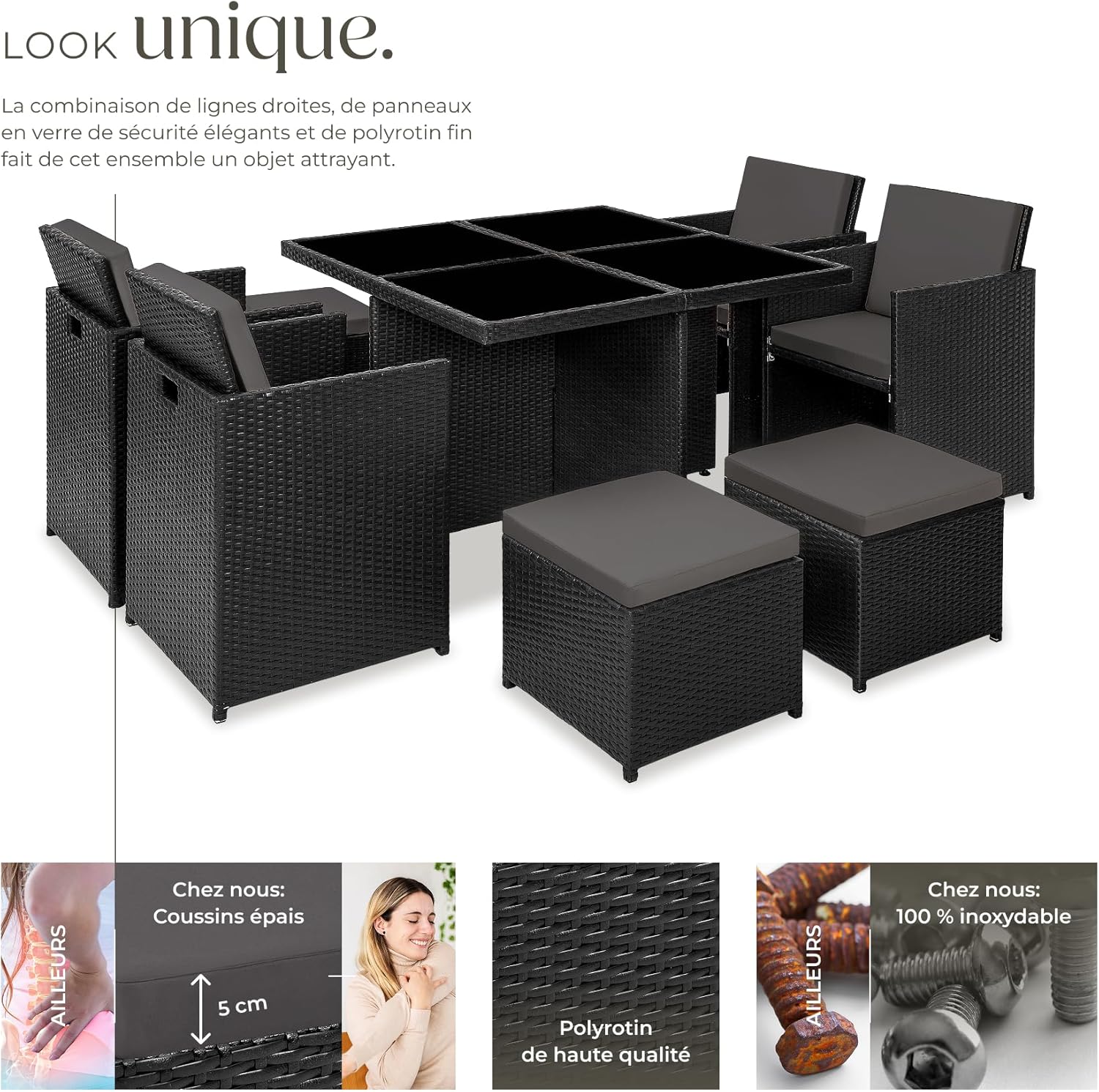 tectake - Salon de Jardin 8 places - alu, poly rotin, table large, noir