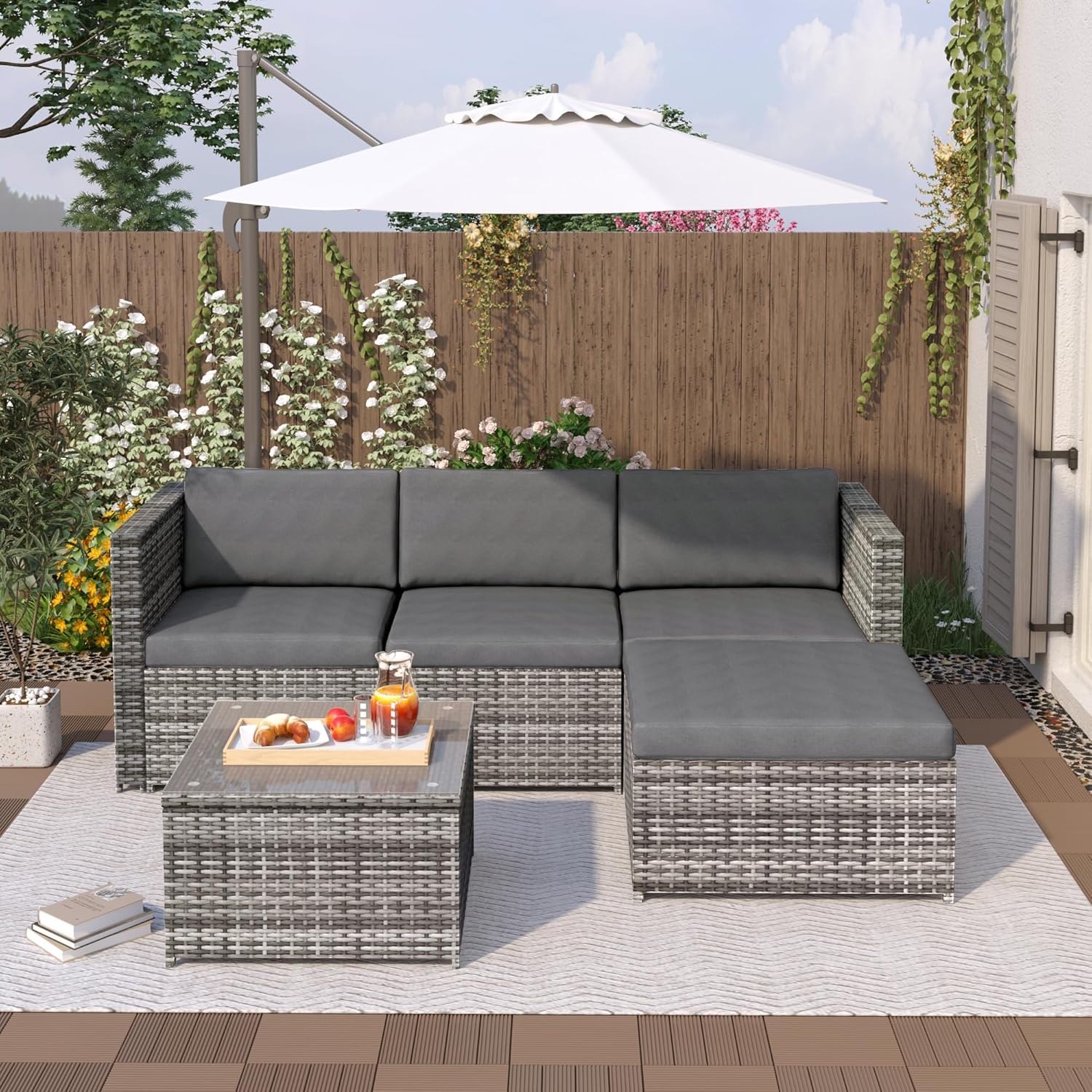 Sapgaks - Salon de jardin 3 places  - rotin, coussins, table verre, gris