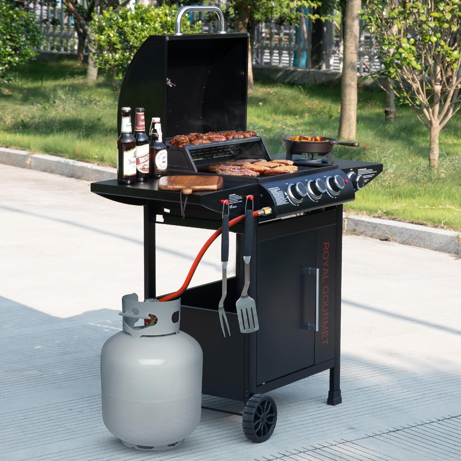Royal Gourmet - barbecue gaz 3+1 brûleurs inox - 11,5 kW - chariot, 2 roues, thermomètre